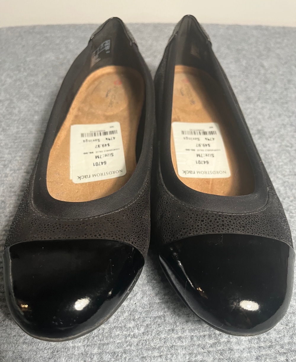 Clarks Black Matte & Patent Cap-Toe Ballet Flats